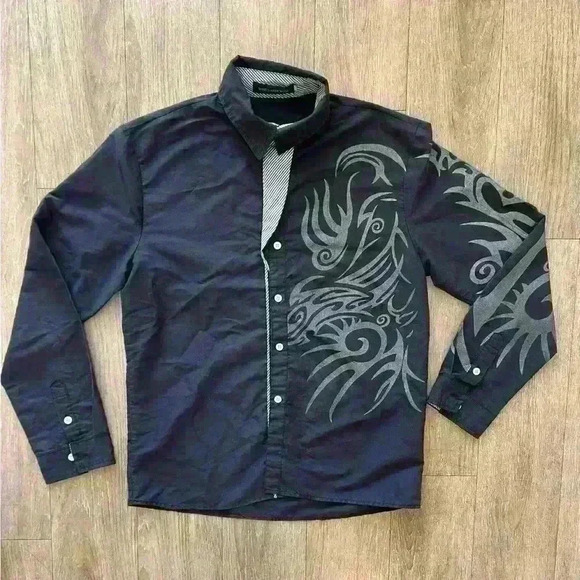 Men’s Black button front shirt tribal design M/L - Picture 1 of 5